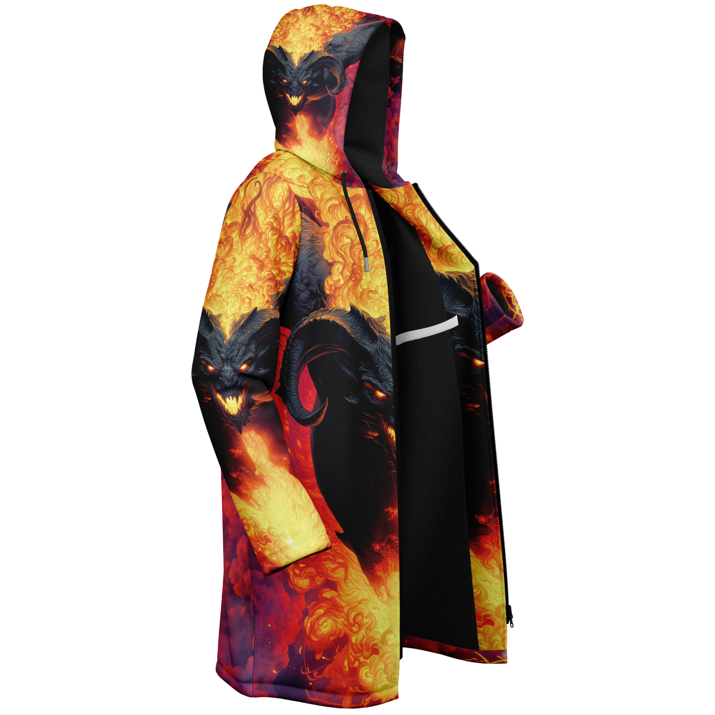 Fire Demon – Hellfire Zipper Cloak • Dark Fantasy Hooded Cape • Microfleece Lined Gothic Jacket • Inferno Cosplay & Festival Wear