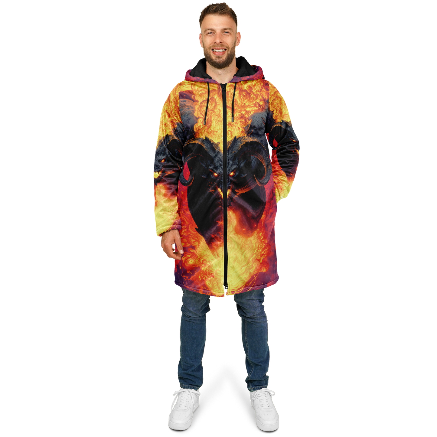 Fire Demon – Hellfire Zipper Cloak • Dark Fantasy Hooded Cape • Microfleece Lined Gothic Jacket • Inferno Cosplay & Festival Wear