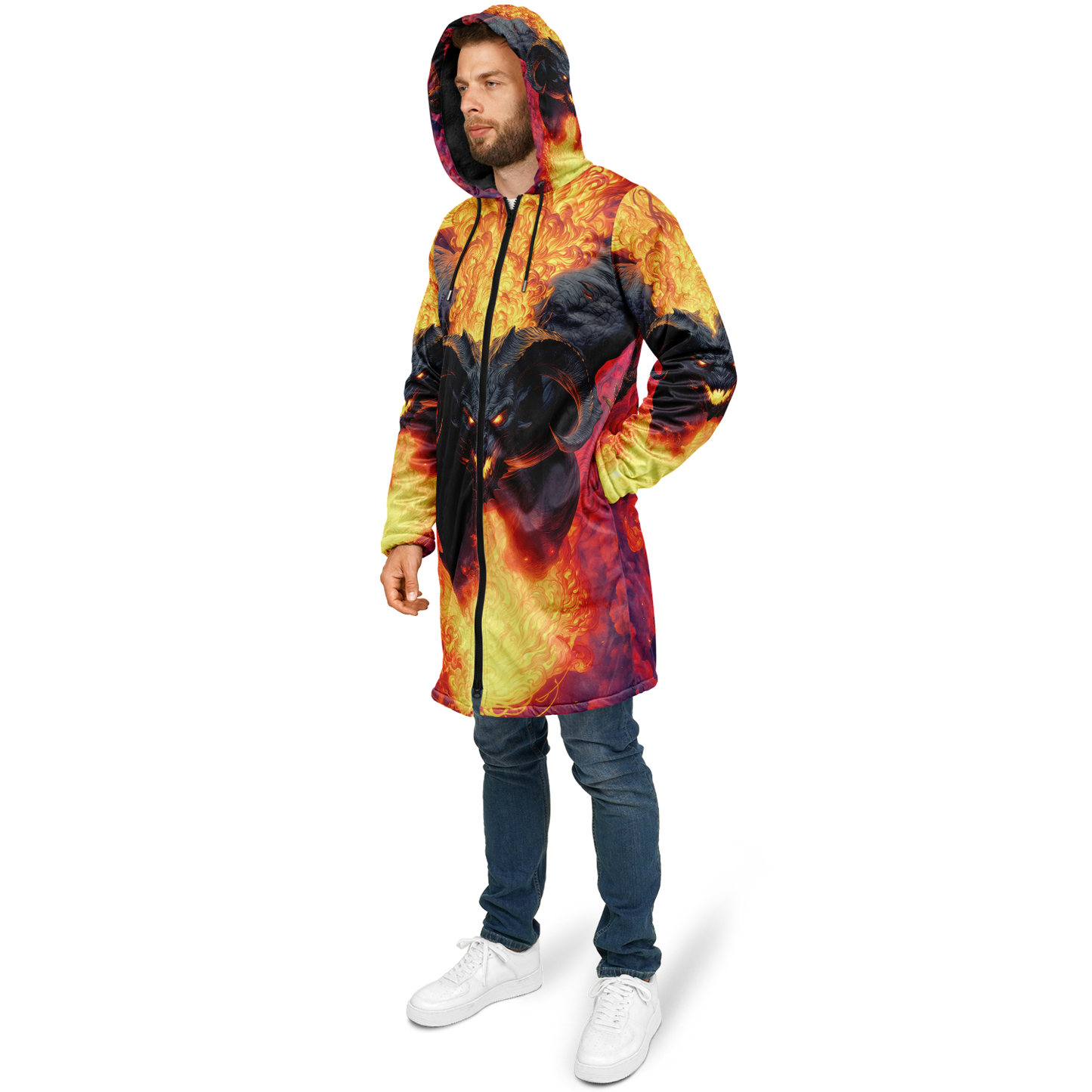 Fire Demon – Hellfire Zipper Cloak • Dark Fantasy Hooded Cape • Microfleece Lined Gothic Jacket • Inferno Cosplay & Festival Wear