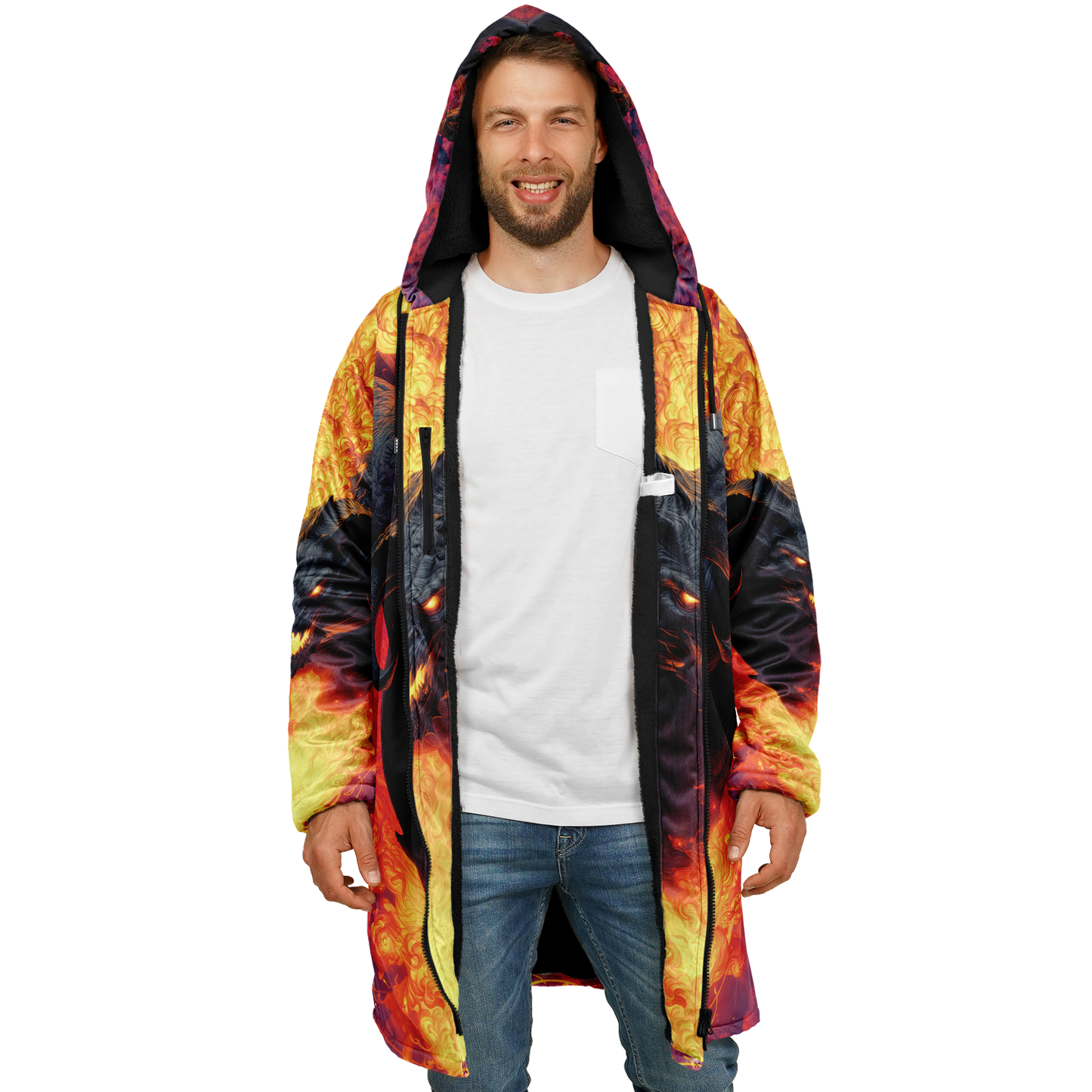 Fire Demon – Hellfire Zipper Cloak • Dark Fantasy Hooded Cape • Microfleece Lined Gothic Jacket • Inferno Cosplay & Festival Wear