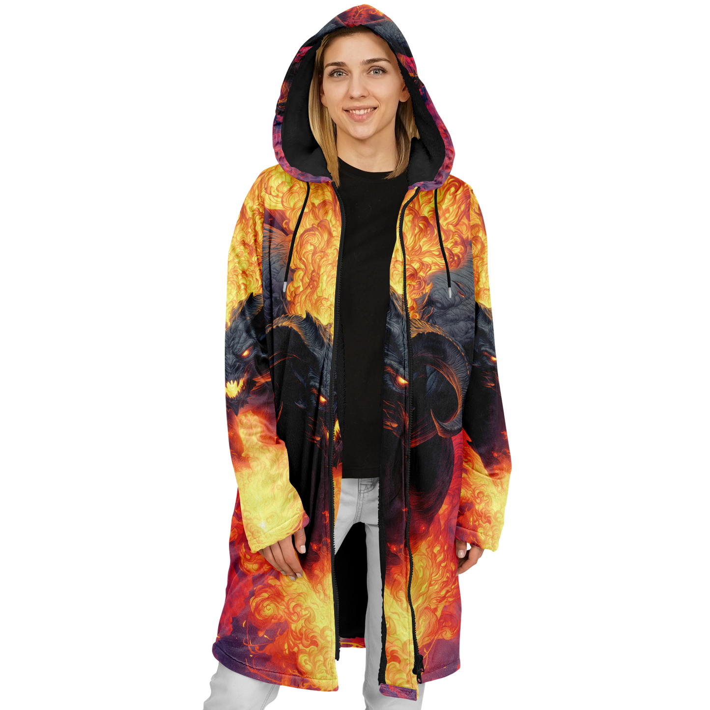 Fire Demon – Hellfire Zipper Cloak • Dark Fantasy Hooded Cape • Microfleece Lined Gothic Jacket • Inferno Cosplay & Festival Wear