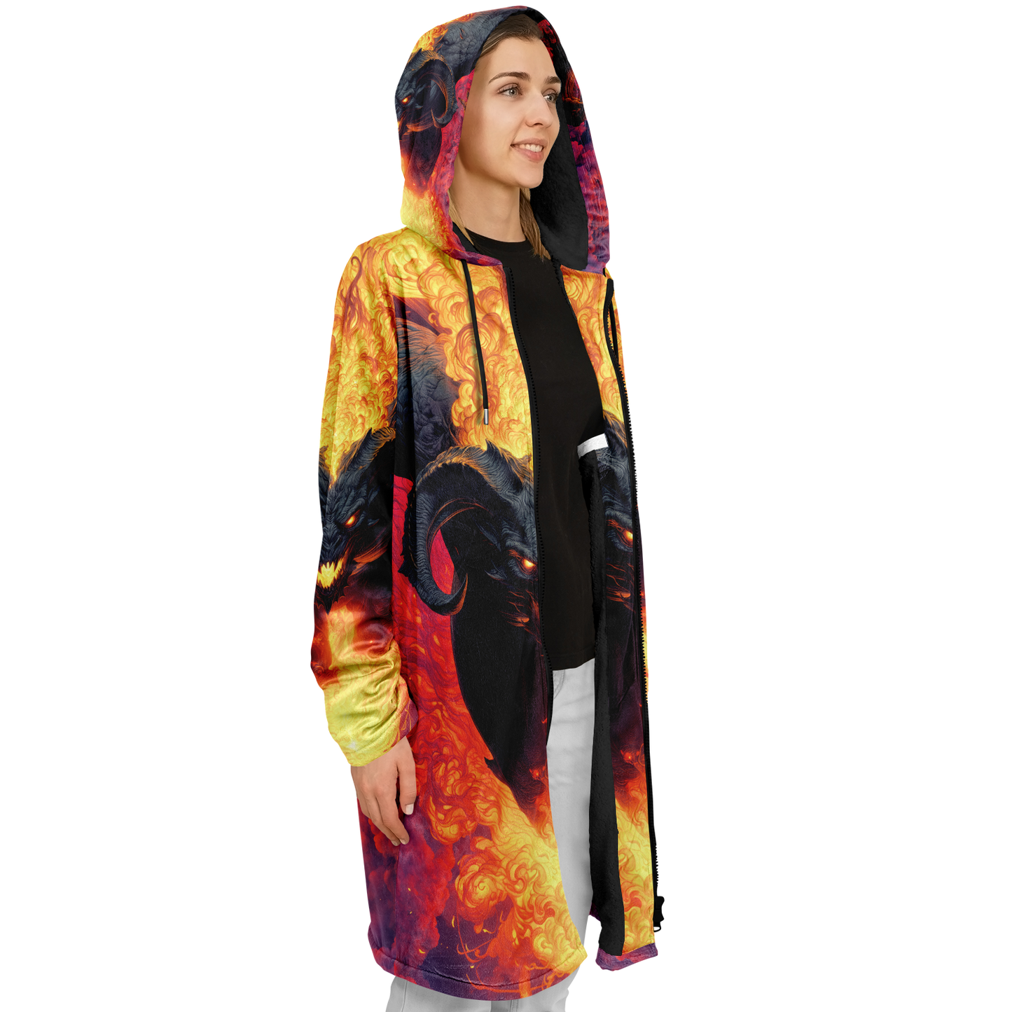 Fire Demon – Hellfire Zipper Cloak • Dark Fantasy Hooded Cape • Microfleece Lined Gothic Jacket • Inferno Cosplay & Festival Wear