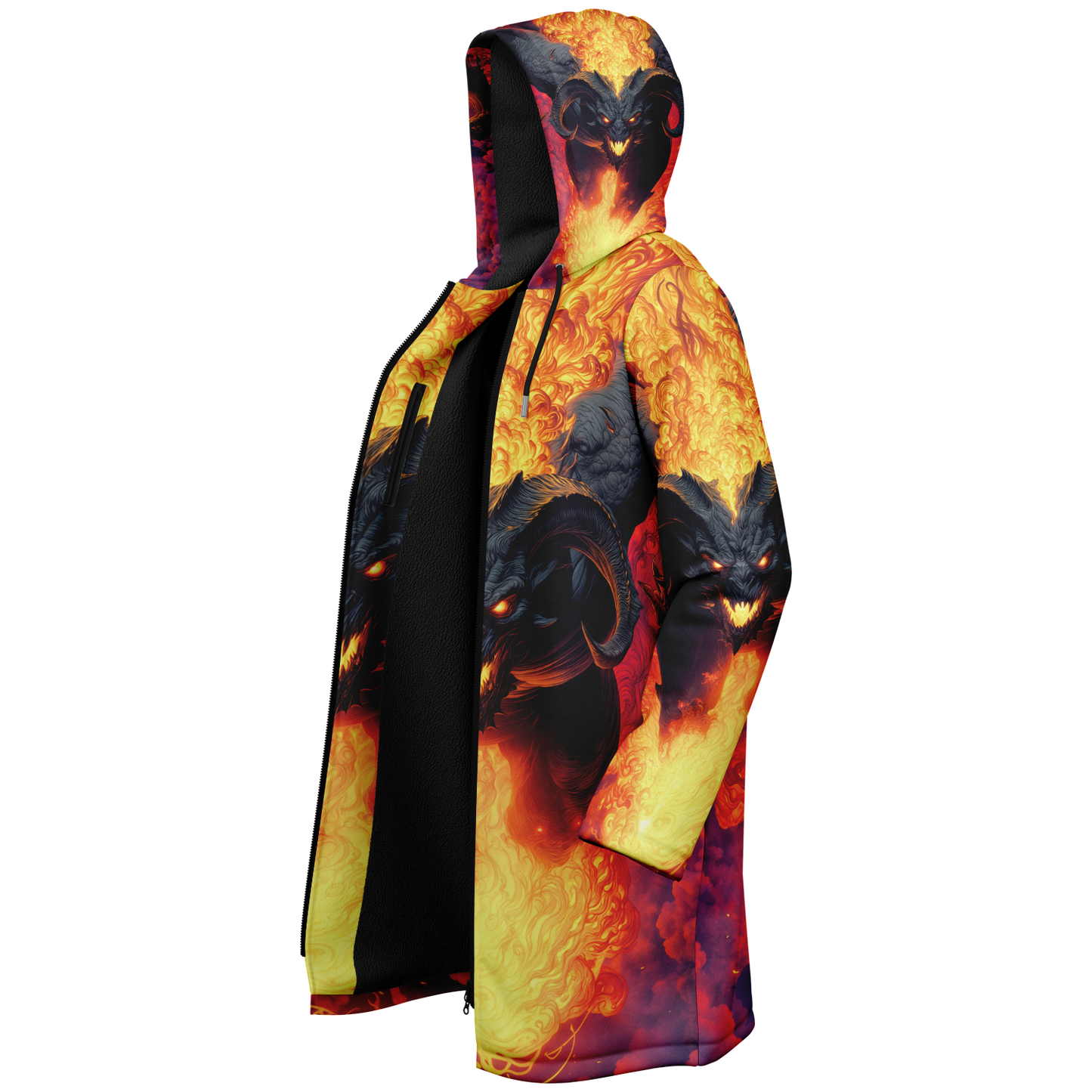 Fire Demon – Hellfire Zipper Cloak • Dark Fantasy Hooded Cape • Microfleece Lined Gothic Jacket • Inferno Cosplay & Festival Wear