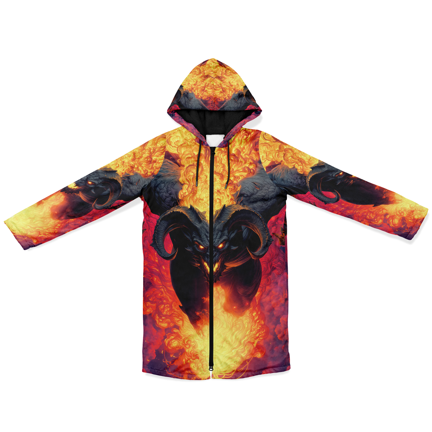 Fire Demon – Hellfire Zipper Cloak • Dark Fantasy Hooded Cape • Microfleece Lined Gothic Jacket • Inferno Cosplay & Festival Wear