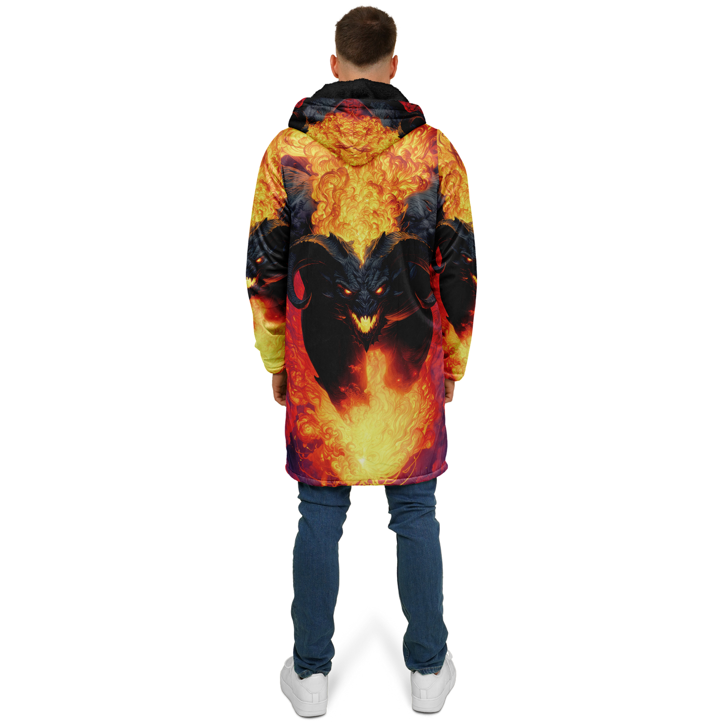 Fire Demon – Hellfire Zipper Cloak • Dark Fantasy Hooded Cape • Microfleece Lined Gothic Jacket • Inferno Cosplay & Festival Wear