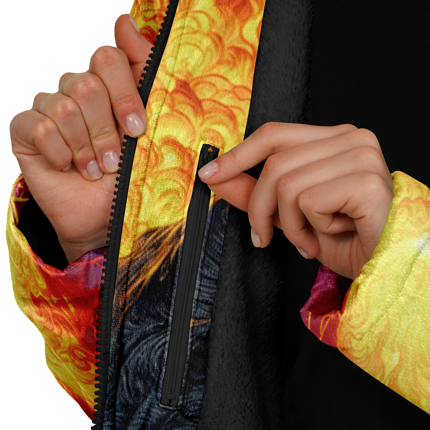 Fire Demon – Hellfire Zipper Cloak • Dark Fantasy Hooded Cape • Microfleece Lined Gothic Jacket • Inferno Cosplay & Festival Wear