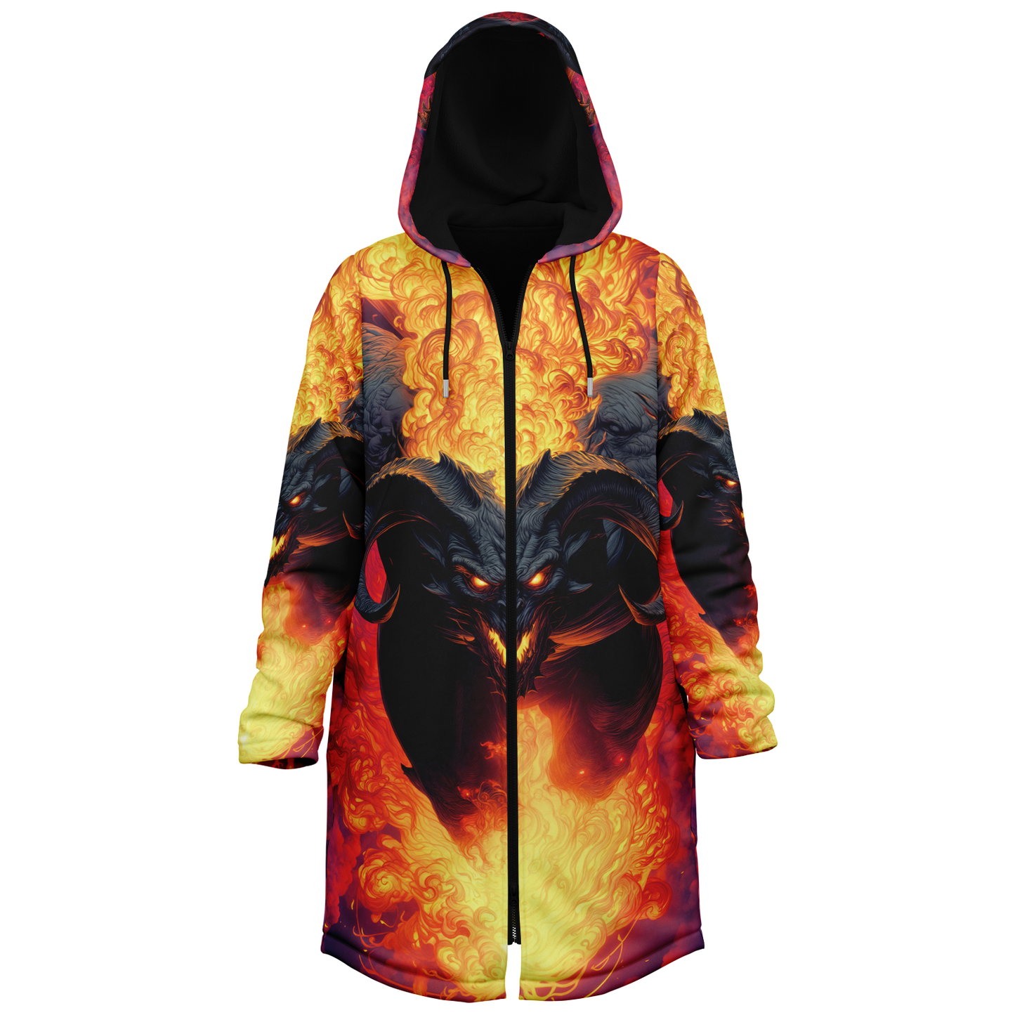 Fire Demon – Hellfire Zipper Cloak • Dark Fantasy Hooded Cape • Microfleece Lined Gothic Jacket • Inferno Cosplay & Festival Wear