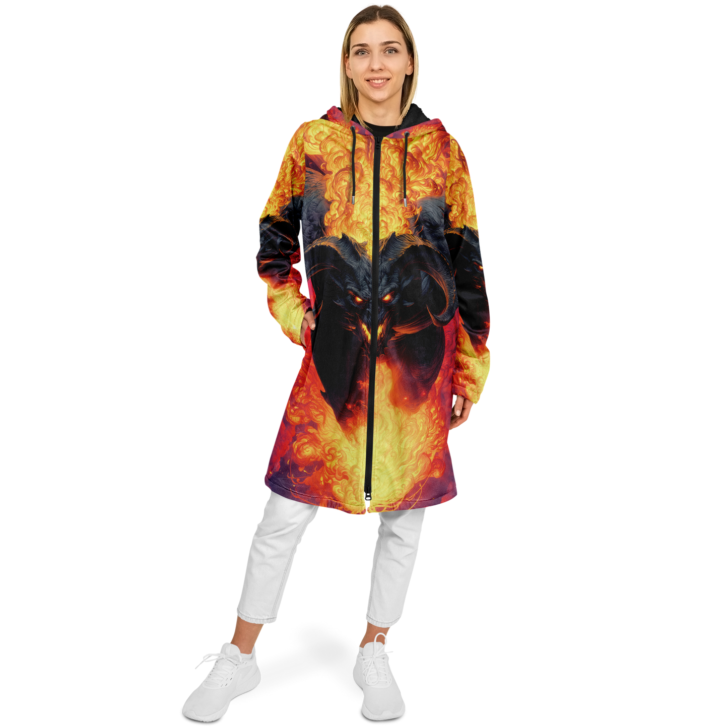 Fire Demon – Hellfire Zipper Cloak • Dark Fantasy Hooded Cape • Microfleece Lined Gothic Jacket • Inferno Cosplay & Festival Wear