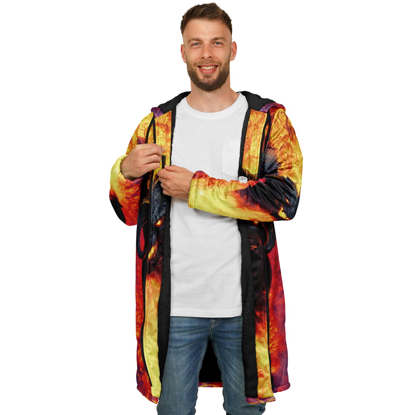 Fire Demon – Hellfire Zipper Cloak • Dark Fantasy Hooded Cape • Microfleece Lined Gothic Jacket • Inferno Cosplay & Festival Wear