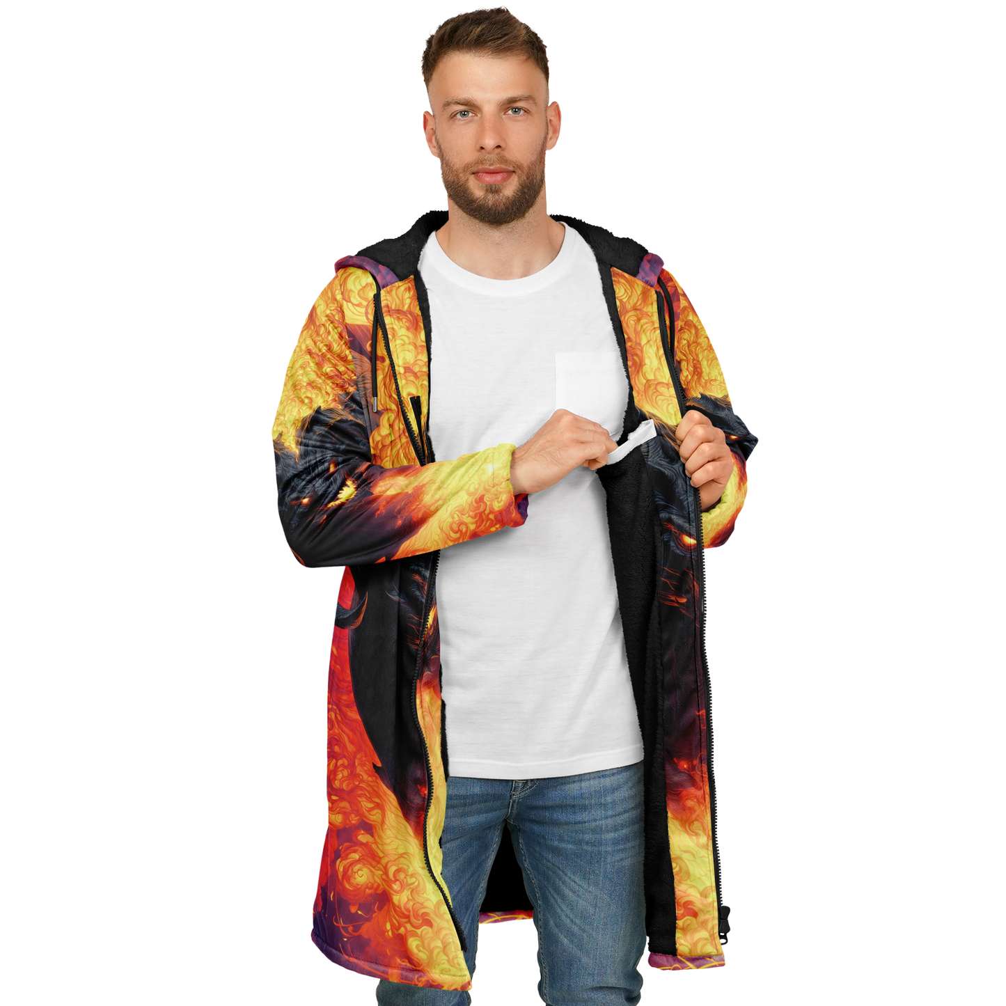 Fire Demon – Hellfire Zipper Cloak • Dark Fantasy Hooded Cape • Microfleece Lined Gothic Jacket • Inferno Cosplay & Festival Wear