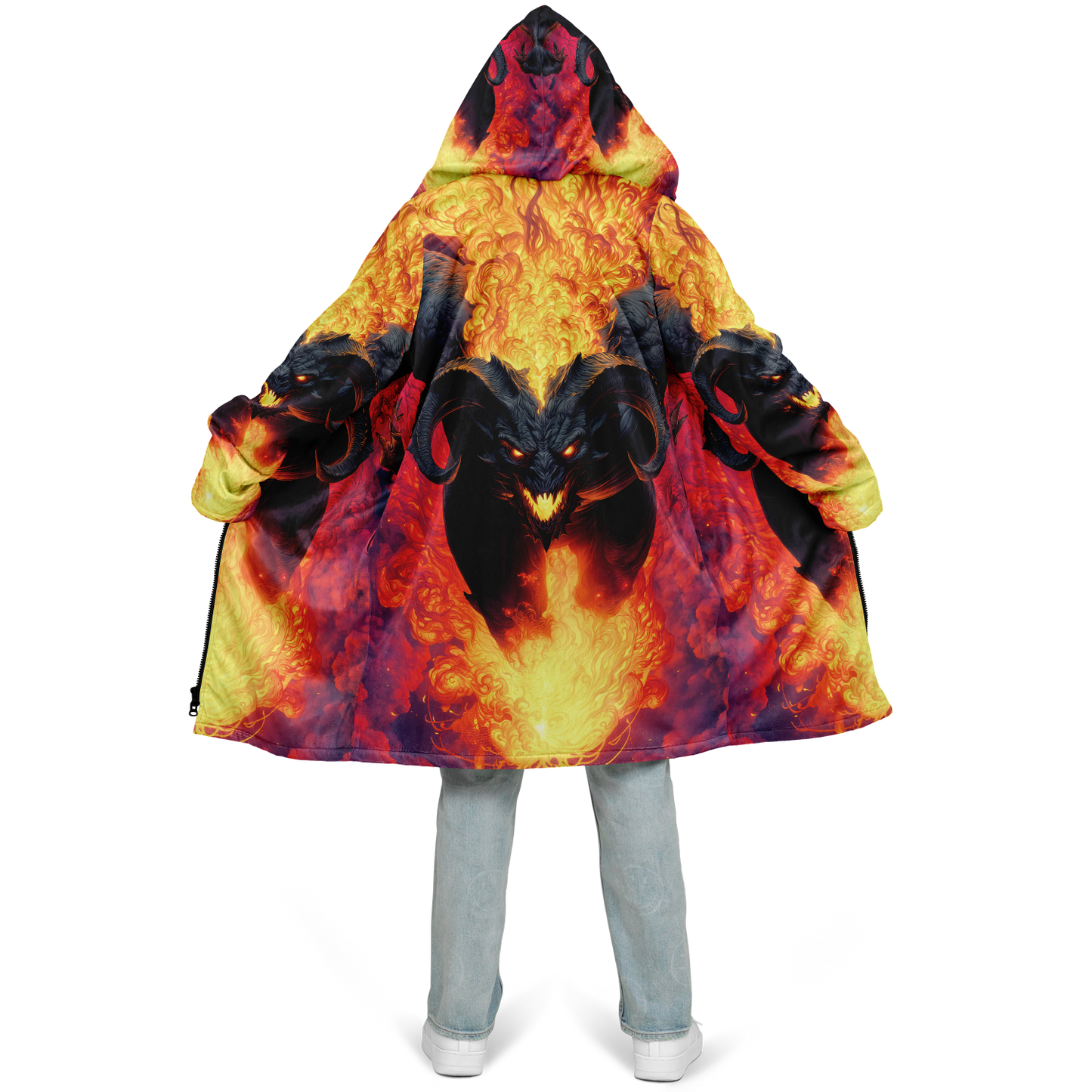 Fire Demon – Hellfire Zipper Cloak • Dark Fantasy Hooded Cape • Microfleece Lined Gothic Jacket • Inferno Cosplay & Festival Wear